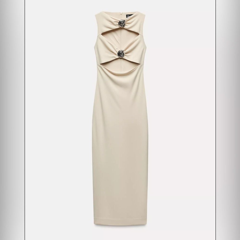 Zara Cream Backless Midi Dress with Knot Detail
